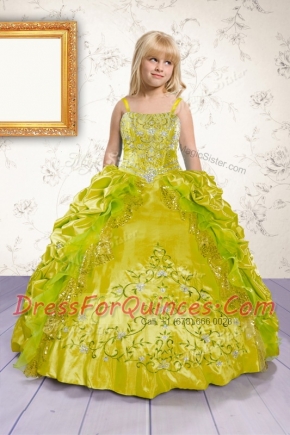 Designer Apple Green Lace Up Spaghetti Straps Beading and Appliques and Pick Ups Flower Girl Dress Satin Sleeveless