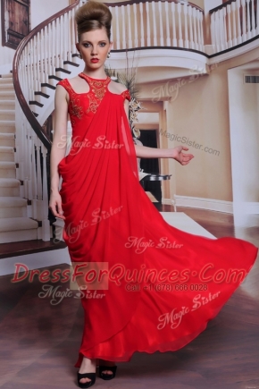 Inexpensive Red Column/Sheath Chiffon Scoop Sleeveless Beading and Appliques Floor Length Side Zipper Prom Gown