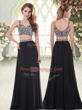 Simple Chiffon Straps Sleeveless Zipper Beading Evening Dress in Black