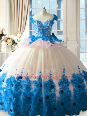 Blue And White Ball Gowns Hand Made Flower 15 Quinceanera Dress Zipper Tulle Sleeveless