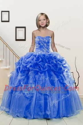 Custom Design Pick Ups Floor Length Ball Gowns Sleeveless Blue Kids Pageant Dress Lace Up