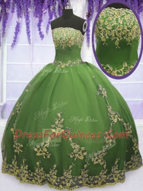 High Quality Olive Green Ball Gowns Tulle Strapless Sleeveless Appliques Floor Length Zipper Quinceanera Dress
