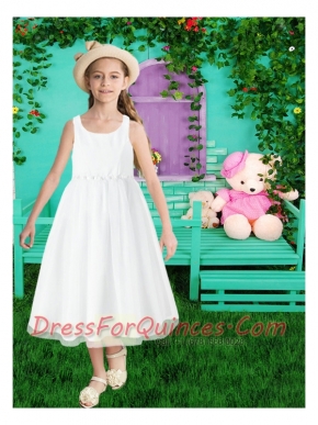Simple A-Line Beading Tea-length Chiffon Flower Girl Dress for 2014