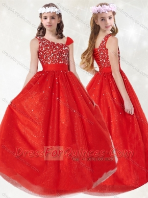 Adorable  Asymmetrical Neckline Red Little Girl Pageant Dress with Beading