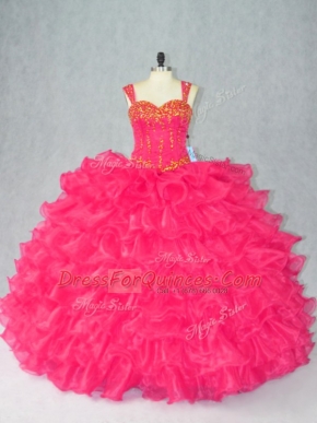 Stylish Organza Straps Sleeveless Lace Up Beading and Ruffles Sweet 16 Quinceanera Dress in Red