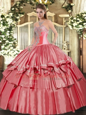 Floor Length Lace Up Ball Gown Prom Dress Coral Red for Military Ball and Sweet 16 and Quinceanera with Beading and Ruffled Layers