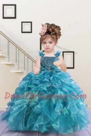 Suitable Floor Length Lace Up Flower Girl Dress Turquoise for Party and Wedding Party with Beading and Ruffles