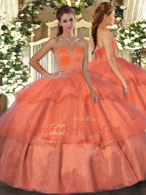 High Class Orange Red Ball Gowns Organza Sweetheart Sleeveless Beading and Ruffled Layers Floor Length Lace Up Quinceanera Gowns