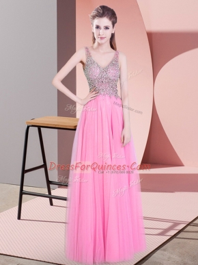 Fancy Rose Pink Sleeveless Beading Floor Length Homecoming Dress