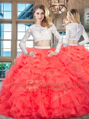 Scoop Long Sleeves Floor Length Beading and Lace and Ruffles Zipper 15th Birthday Dress with Red