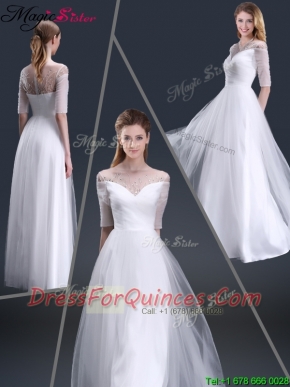 2016 Popular Off the Shoulder Half Sleeves Prom Dresses with Beading