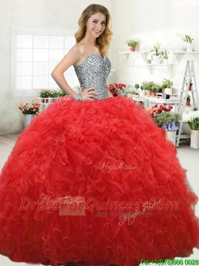 Simple Beaded Bodice and Ruffled Red Quinceanera Dress in Tulle