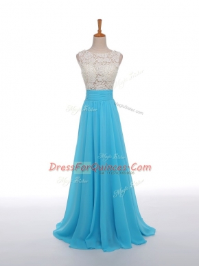 Customized Baby Blue Empire Chiffon Scoop Sleeveless Lace and Appliques Floor Length Side Zipper Prom Gown