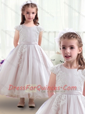 Fashionable Scoop Cap Sleeves Flower Little Girl Dress with Appliques