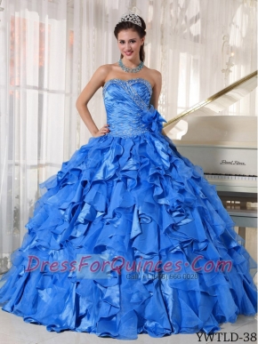 2014 beautiful Blue Sweetheart Ball Gown  Floor-length Organza Beading Discount Quinceanera Dresses