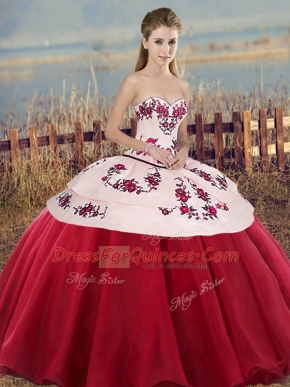 On Sale Sweetheart Sleeveless Tulle Ball Gown Prom Dress Embroidery and Bowknot Lace Up