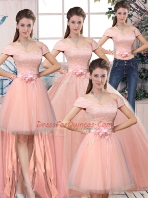 Custom Fit Tulle Off The Shoulder Short Sleeves Lace Up Lace and Hand Made Flower Quince Ball Gowns in Pink