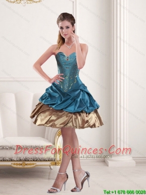2015 Simple and Cheap Sweetheart Beading and Ruffles Prom Dresses in Teal and Brown