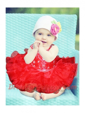 2014 Scoop Organza Red Little Girl Dresses with Beading and Ruffles