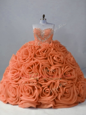 Sleeveless Fabric With Rolling Flowers Brush Train Lace Up Quinceanera Dresses in Orange with Beading
