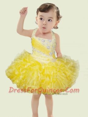 Amazing ShortAmazing Short Halter Mini-length Yellow Beading Little Girl Dress For 2014