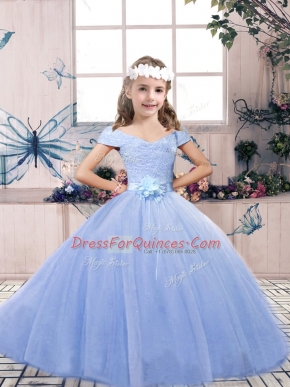 New Arrival Light Blue Off The Shoulder Neckline Lace and Belt Pageant Gowns For Girls Sleeveless Lace Up