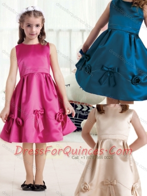 Elegant Bateau Knee Length Satin Flower Little Girl Dress with Bowknot