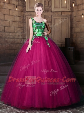 Customized Fuchsia One Shoulder Neckline Pattern Ball Gown Prom Dress Sleeveless Lace Up