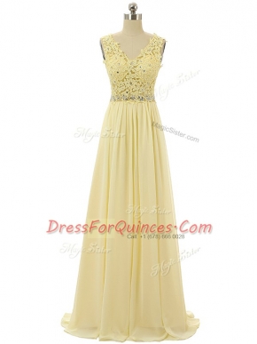 Light Yellow Sleeveless Floor Length Beading and Lace and Appliques Zipper Prom Dresses