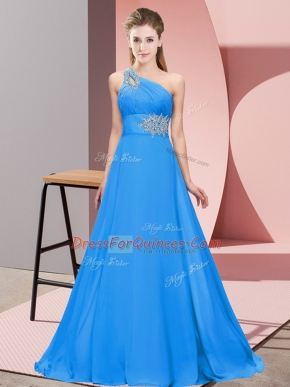 Blue Lace Up One Shoulder Beading Prom Dress Chiffon Sleeveless