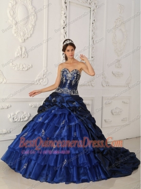 Navy Blue Ball Gown Sweetheart Chapel Train Taffeta and Organza Appliques Quinceanera Dress