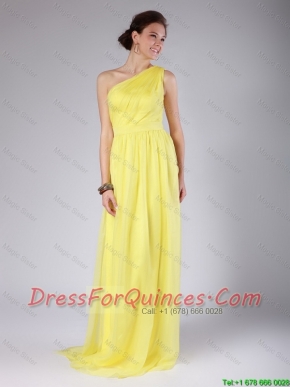 Elegant One Shoulder Sashes Yellow Prom Dresses with Sweep Train for 2016