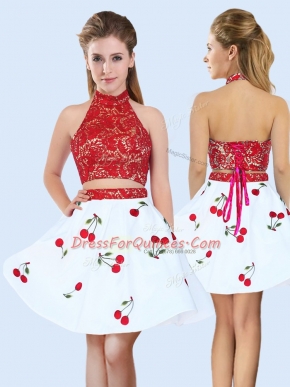 Charming Sleeveless Mini Length Lace and Pattern Lace Up Court Dresses for Sweet 16 with White And Red