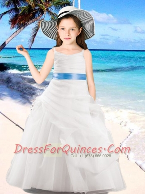 Ball Gown Spaghetti Straps Elegant Flower Girl Dress with Belt Ruching in White for 2014