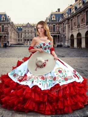 Stunning White And Red Lace Up Sweetheart Embroidery and Ruffled Layers Vestidos de Quinceanera Organza and Taffeta Sleeveless