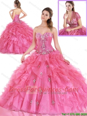 Simple Beading and Ruffles Quinceanera Gowns in Hot Pink