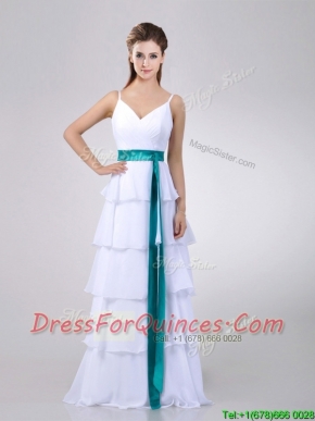 Lovely White Prom Dress with Ruffled Layers and Turquoise Belt