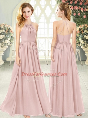 Amazing Pink Empire Halter Top Sleeveless Chiffon Floor Length Criss Cross Ruching Prom Gown