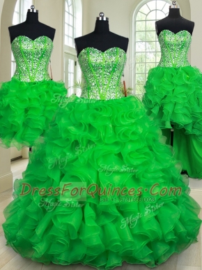 Affordable Four Piece Sleeveless Floor Length Beading and Ruffles Lace Up Quince Ball Gowns with Green