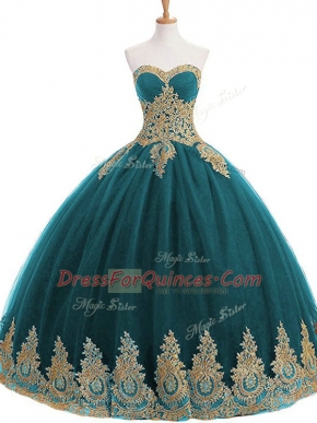 Extravagant Teal Ball Gowns Tulle Sweetheart Sleeveless Appliques Floor Length Lace Up Quinceanera Gowns