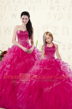 Fuchsia Sleeveless Floor Length Beading and Ruffles Lace Up 15 Quinceanera Dress