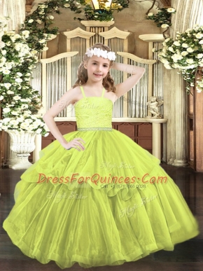 Yellow Green Organza Zipper Straps Sleeveless Floor Length Kids Pageant Dress Beading and Lace