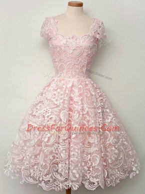 Cap Sleeves Lace Knee Length Lace Up Quinceanera Court Dresses in Baby Pink with Lace
