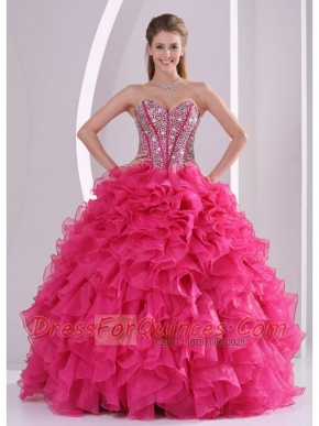 Hot Pink Beading and Ruffles Sweetheart Lace-up Spring Quinceanera Dresses Ball Gown