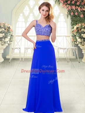 Shining Royal Blue Two Pieces Chiffon Straps Sleeveless Beading Floor Length Zipper Prom Gown