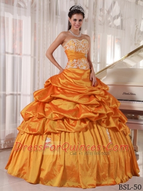 Sweetheart Ball Gown Taffeta Appliques and Ruching Orange Spring Quinceanera Dresses 2014