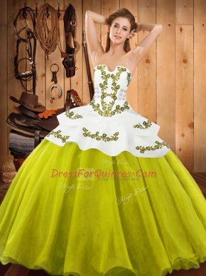 Yellow Green Sleeveless Satin and Organza Lace Up Quinceanera Gown for Military Ball and Sweet 16 and Quinceanera
