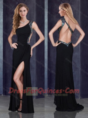 One Shoulder Backless Black Dama Dress with Beading and High Slit