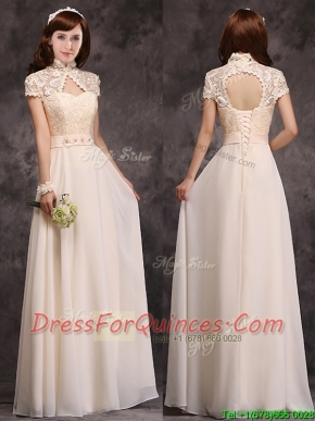 Hot Sale High Neck Champagne Dama Dresses with Appliques and Lace
