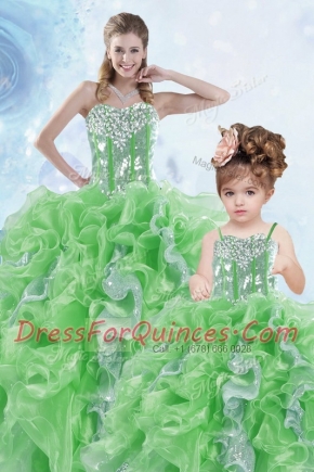 Custom Made Sweetheart Sleeveless Ball Gown Prom Dress Floor Length Beading and Ruffles and Sequins Green Organza